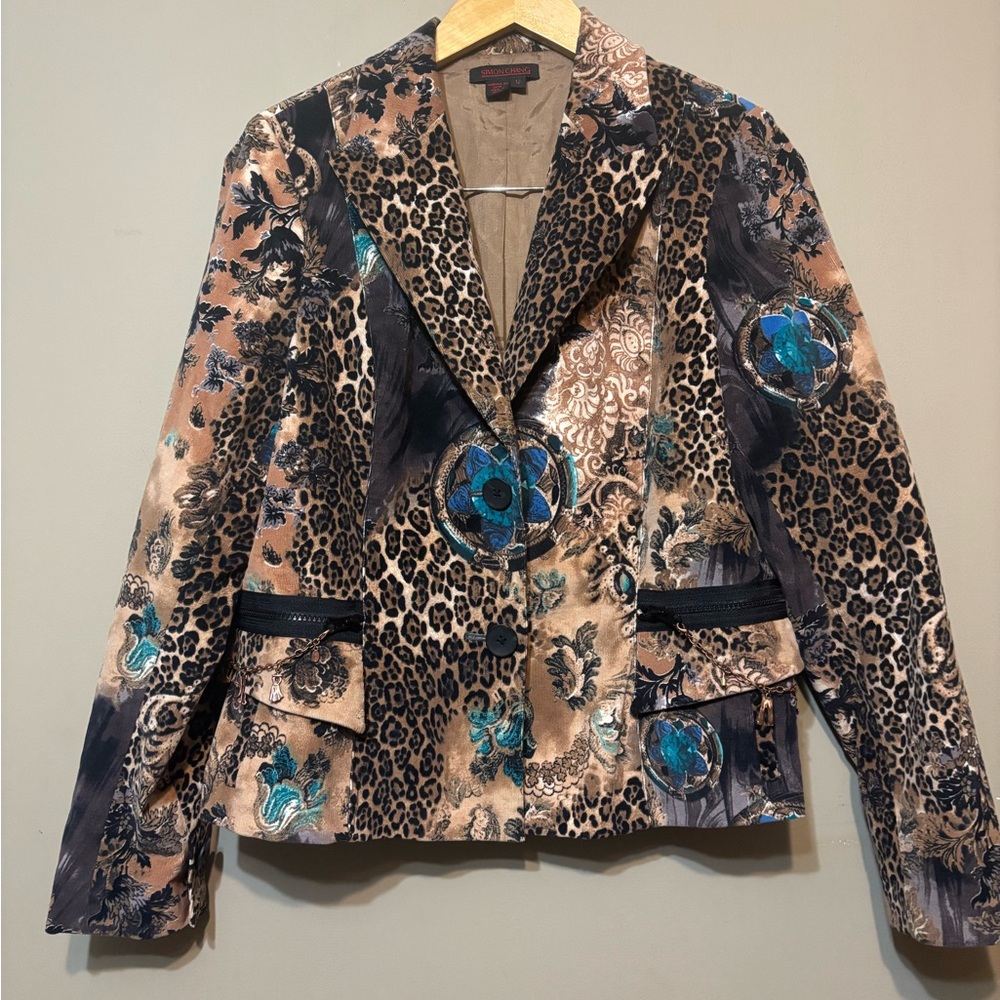 SIMON CHANG Leopard Print Velour Blazer with Blue Floral Accents & Pocket Chains